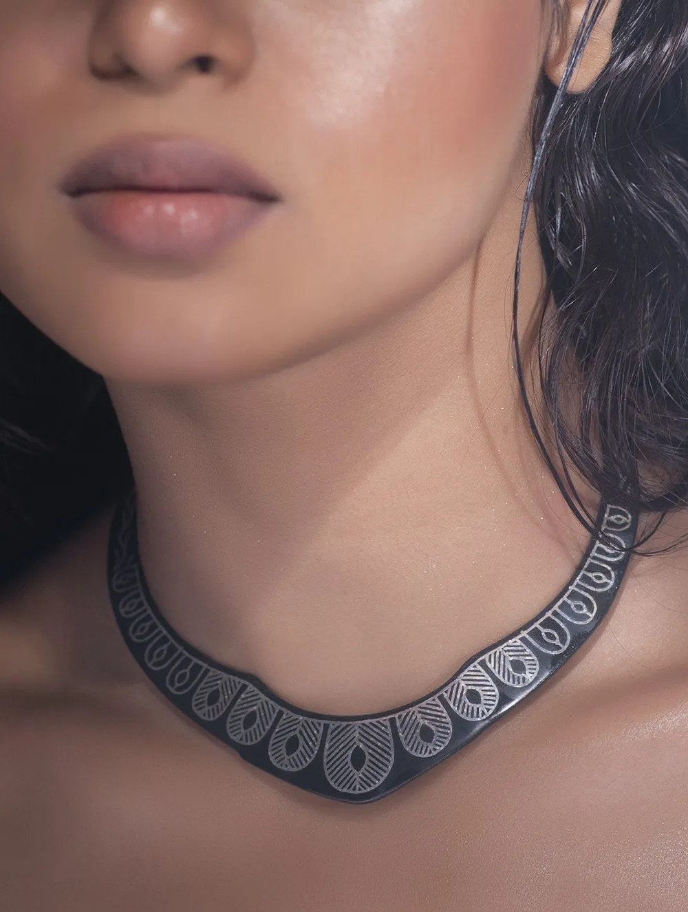 Exclusive Bidri Craft Choker With Pure Silver Inlay - Slim Drops