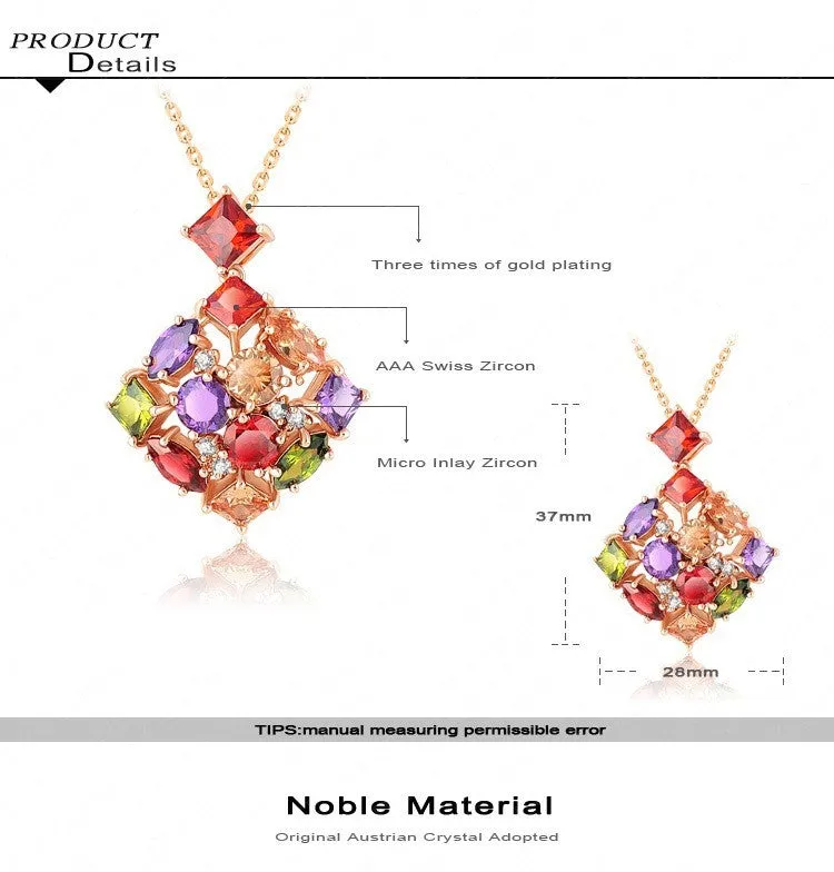 Fashion High Quality Luxury Wedding Jewelry 18K Golden Plated Necklaces & Pendants Inlay Colorful Zircon Crystal