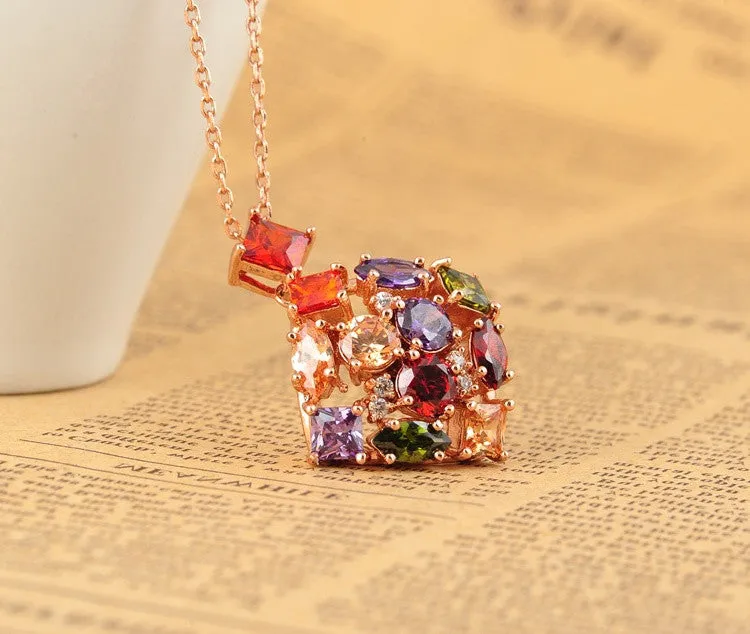 Fashion High Quality Luxury Wedding Jewelry 18K Golden Plated Necklaces & Pendants Inlay Colorful Zircon Crystal