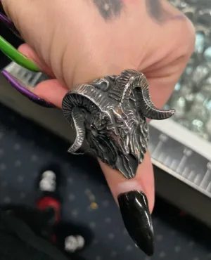 Goat Head Ring w/ Upside Down Cross on Forehead