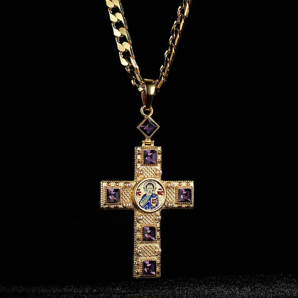 Gold Filled Bonded Pectoral Cross Pendant 22 Inch 6mm Cuban Chain