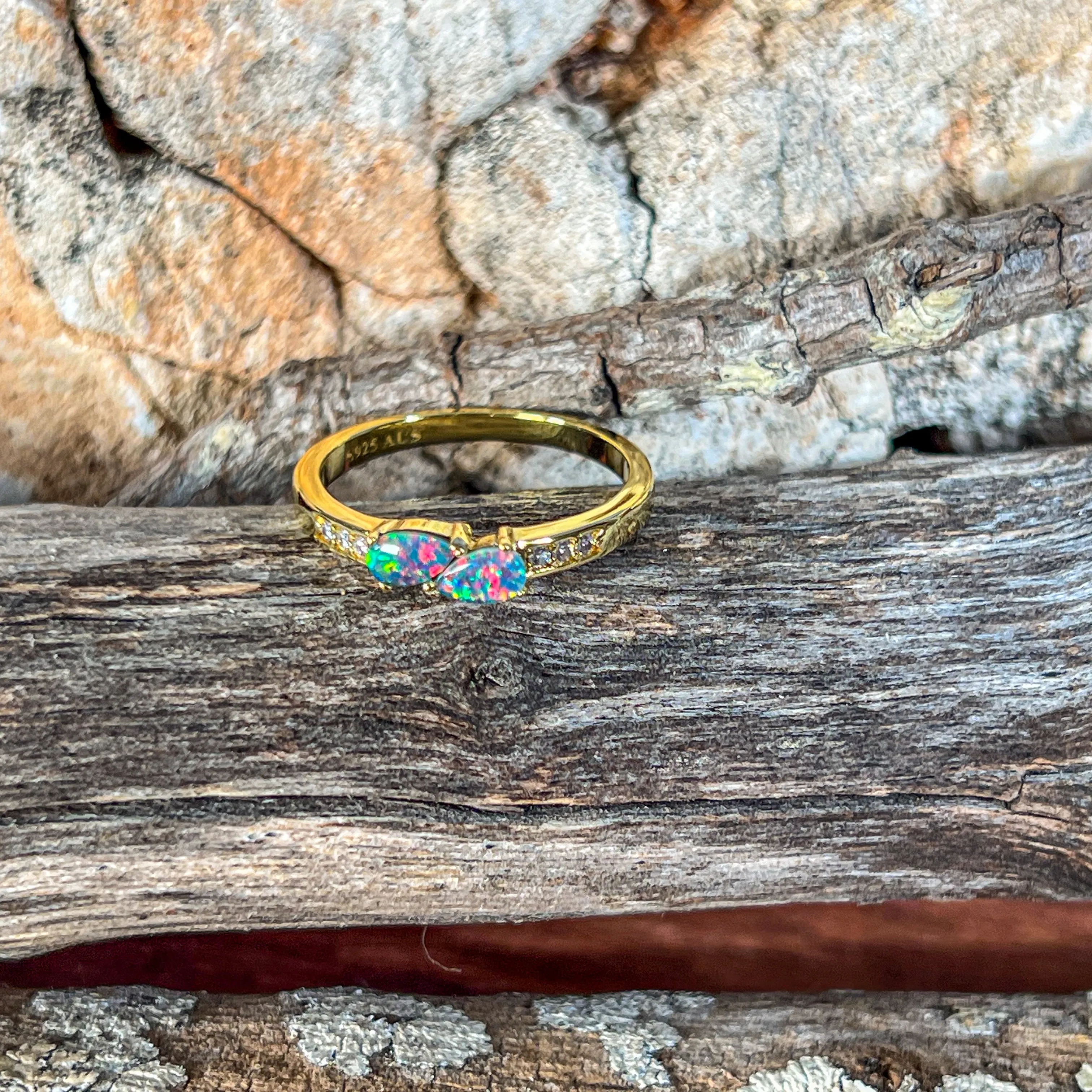 Gold plated Silver two pearshape opal triplet 5x3mm ring