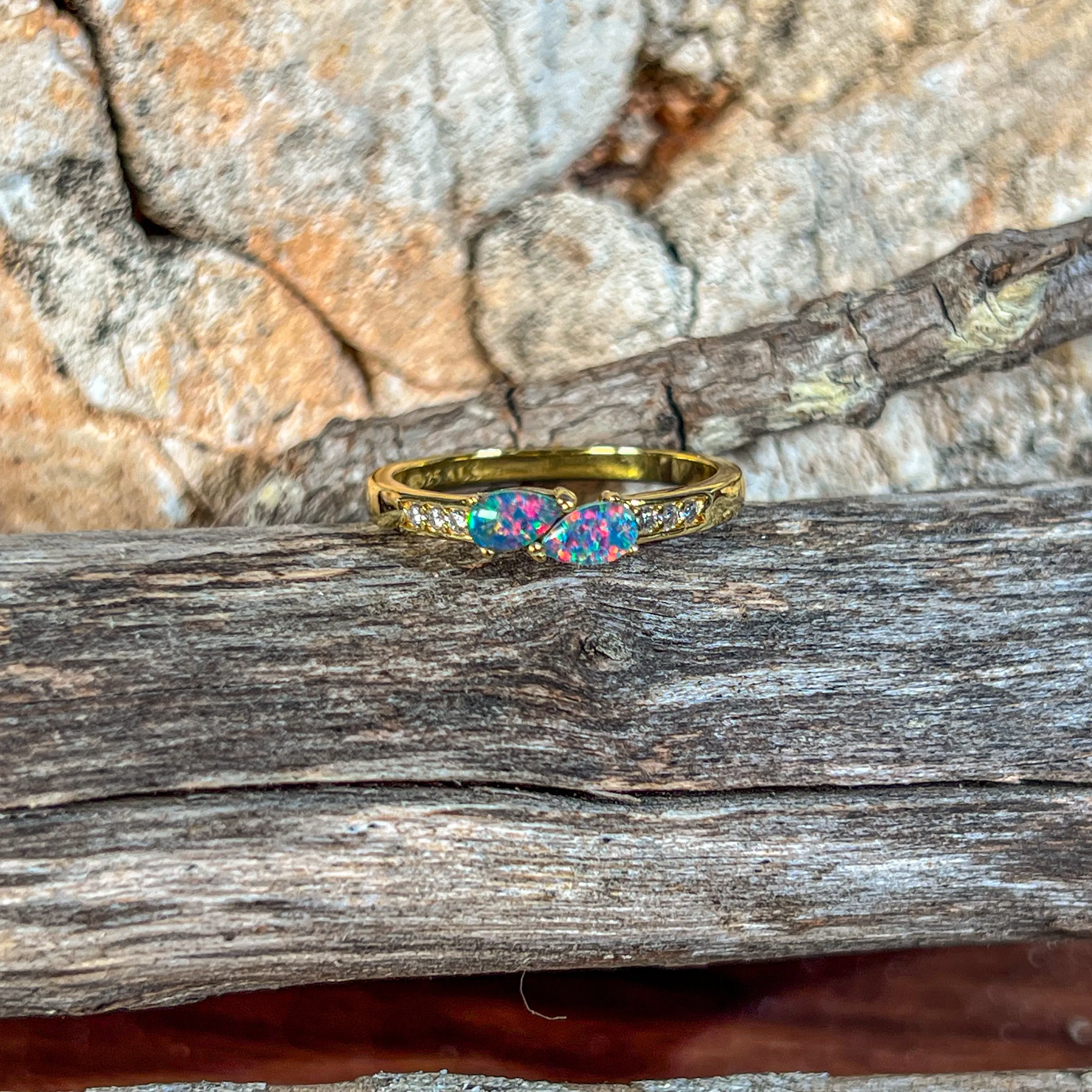 Gold plated Silver two pearshape opal triplet 5x3mm ring