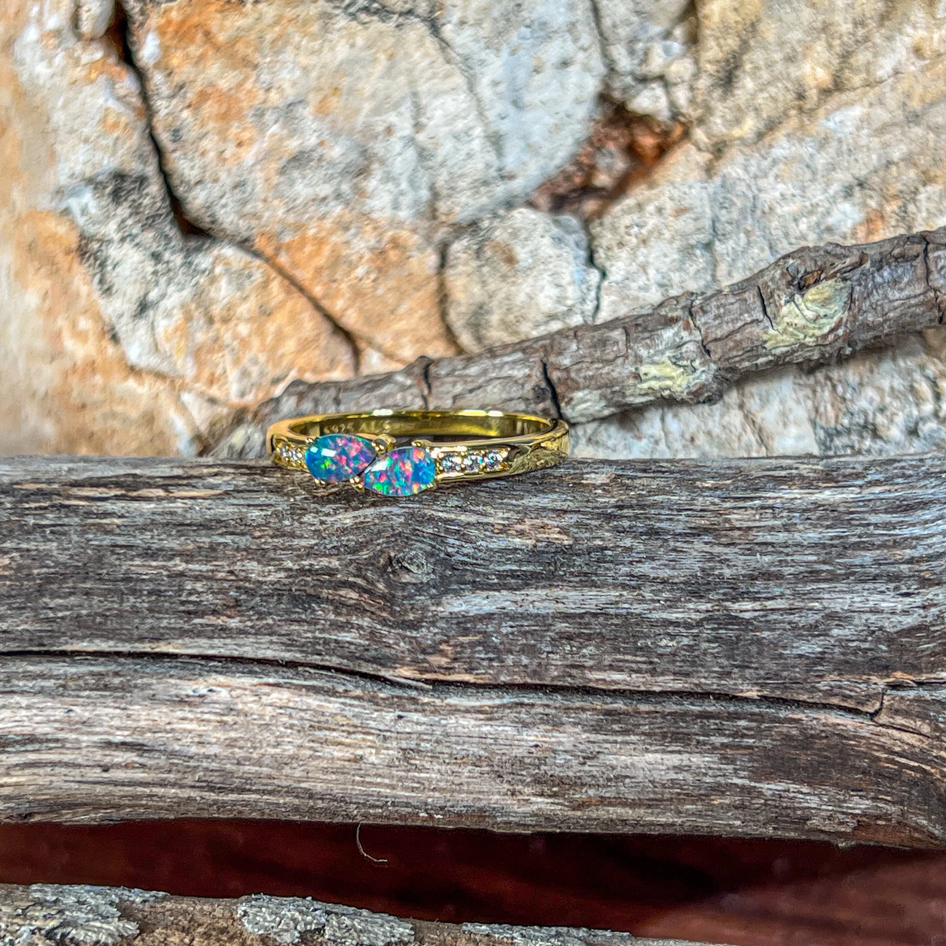 Gold plated Silver two pearshape opal triplet 5x3mm ring