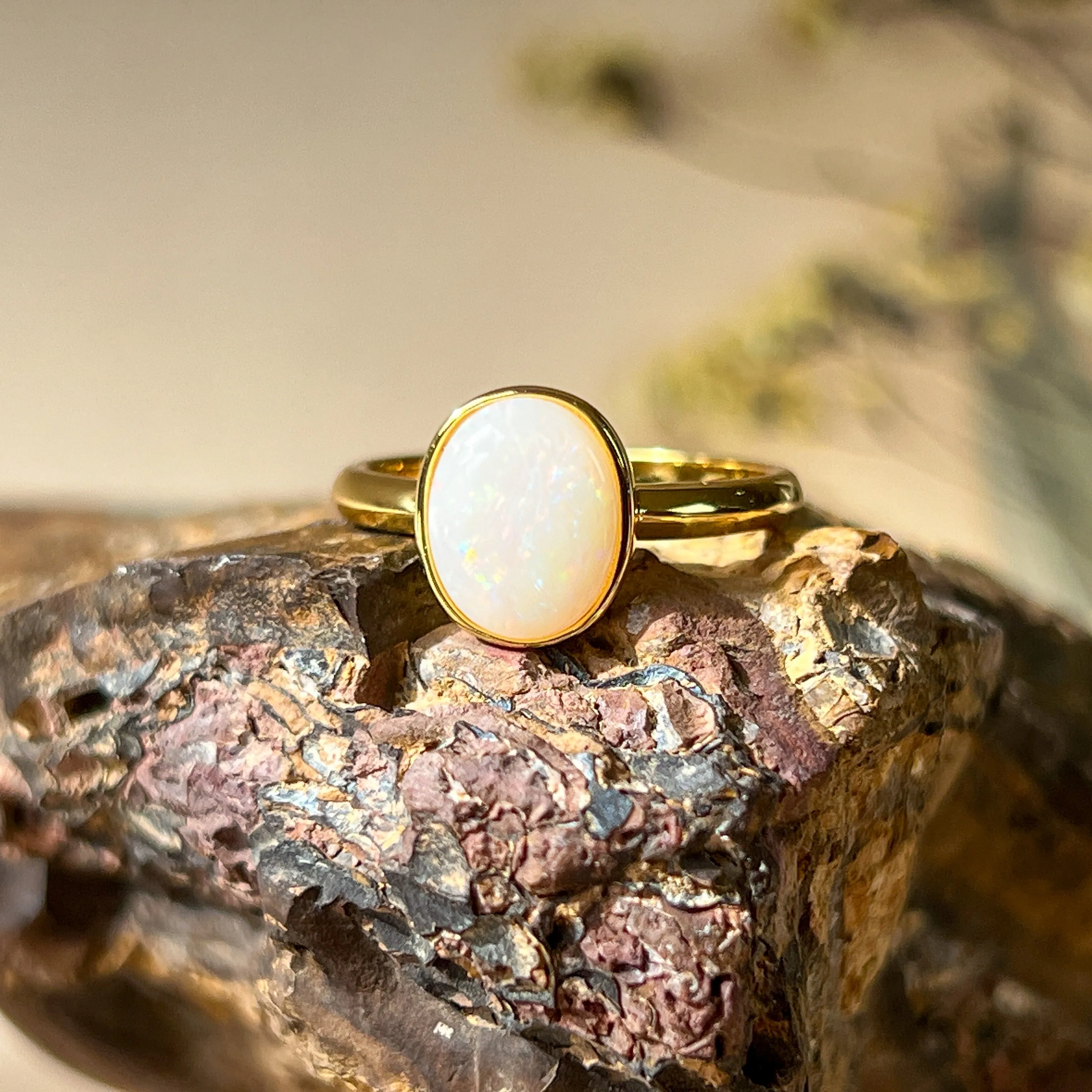 Gold-Plated Sterling Silver Ring - 10x8mm White Opal Solitaire, Bezel Set, Minimalist Gemstone Jewelry, Ideal Gift for Her