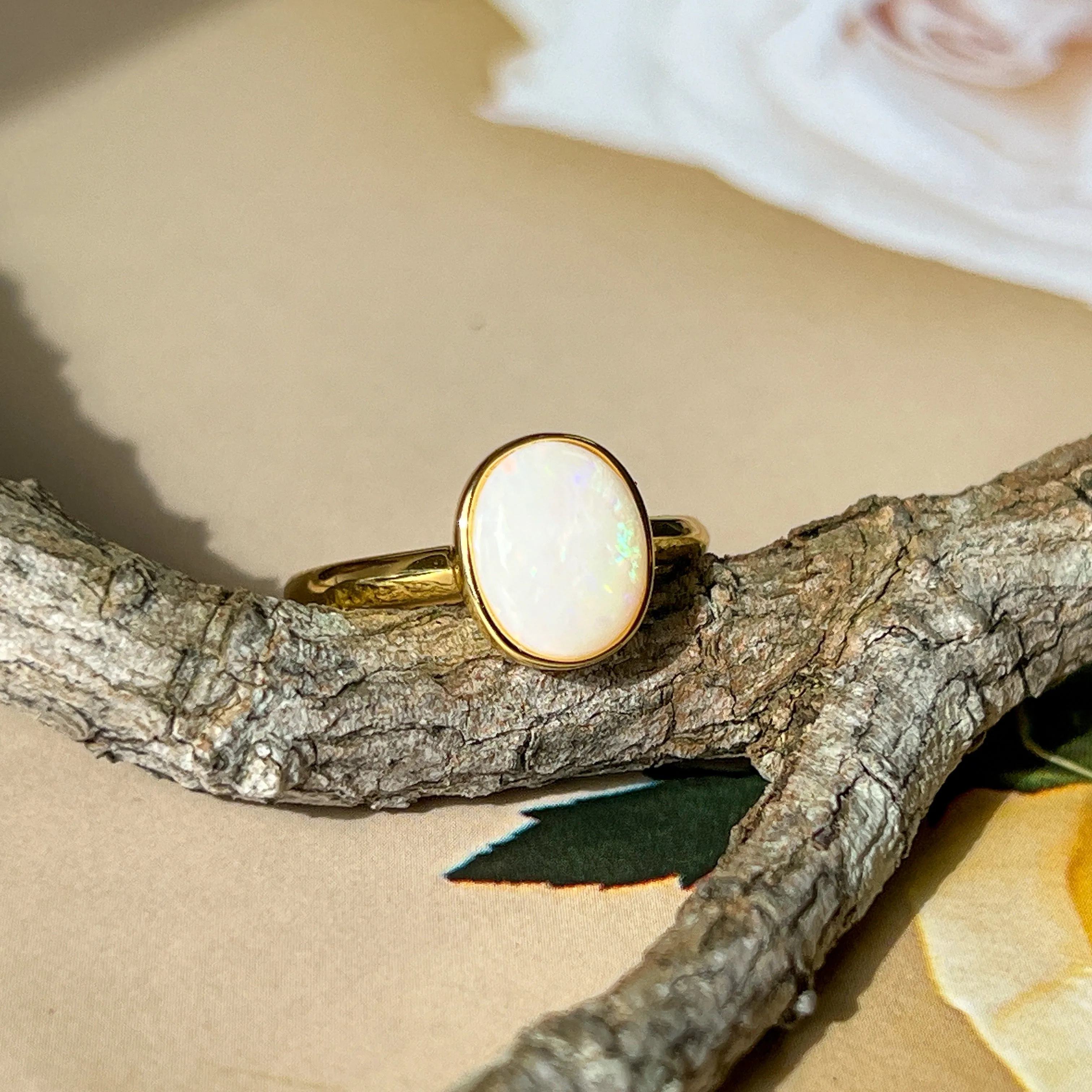 Gold-Plated Sterling Silver Ring - 10x8mm White Opal Solitaire, Bezel Set, Minimalist Gemstone Jewelry, Ideal Gift for Her