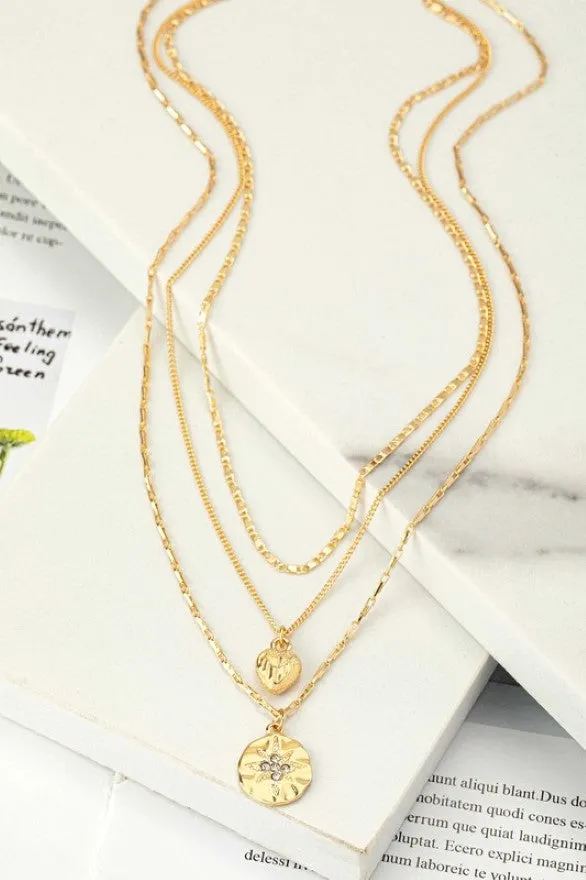 Goldtone Heart Pendant Trio Layering Necklace Set