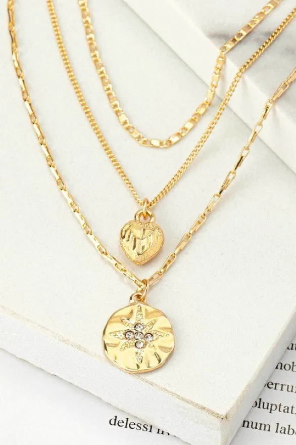 Goldtone Heart Pendant Trio Layering Necklace Set