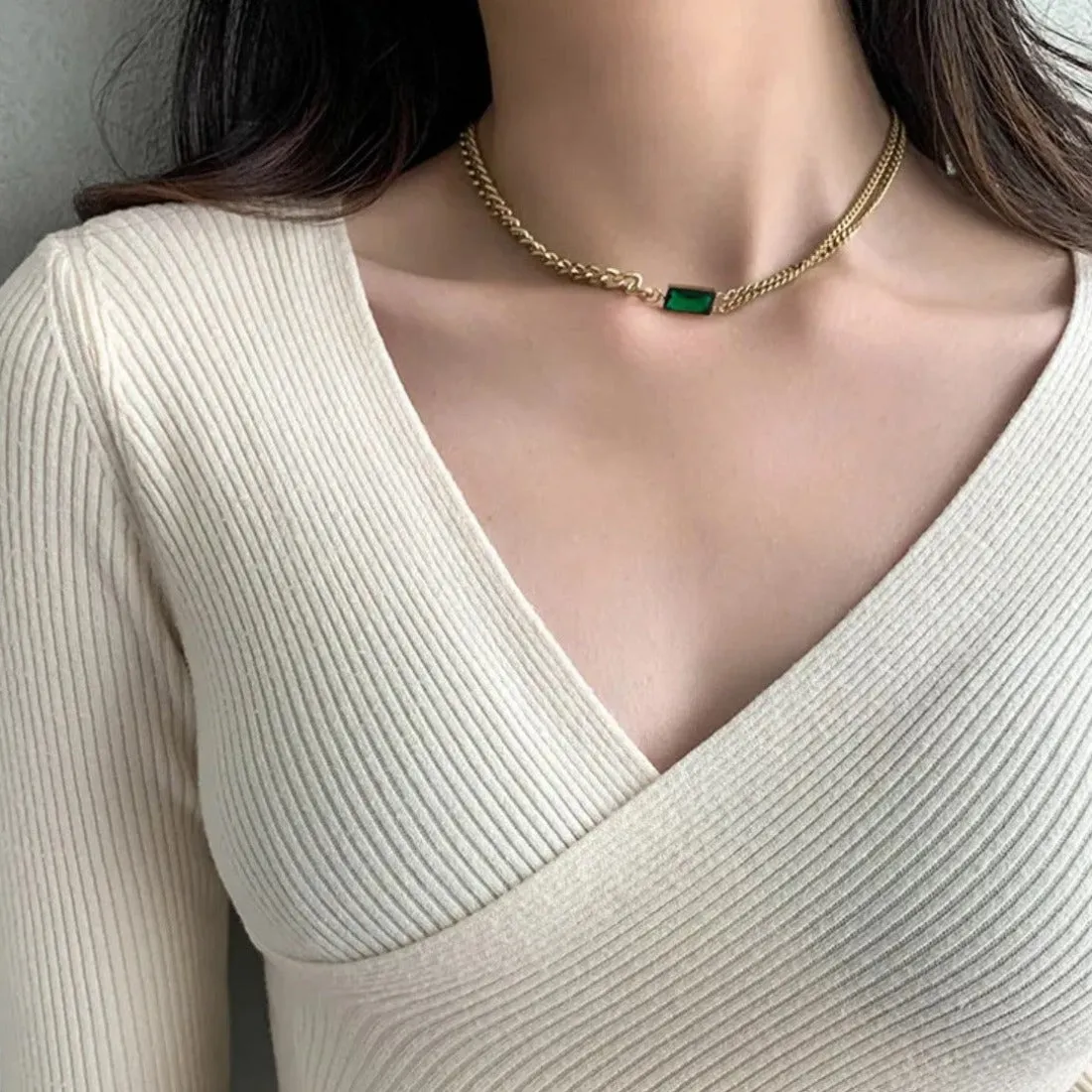 Green Emerald Stone Cuban Chain Choker Necklace