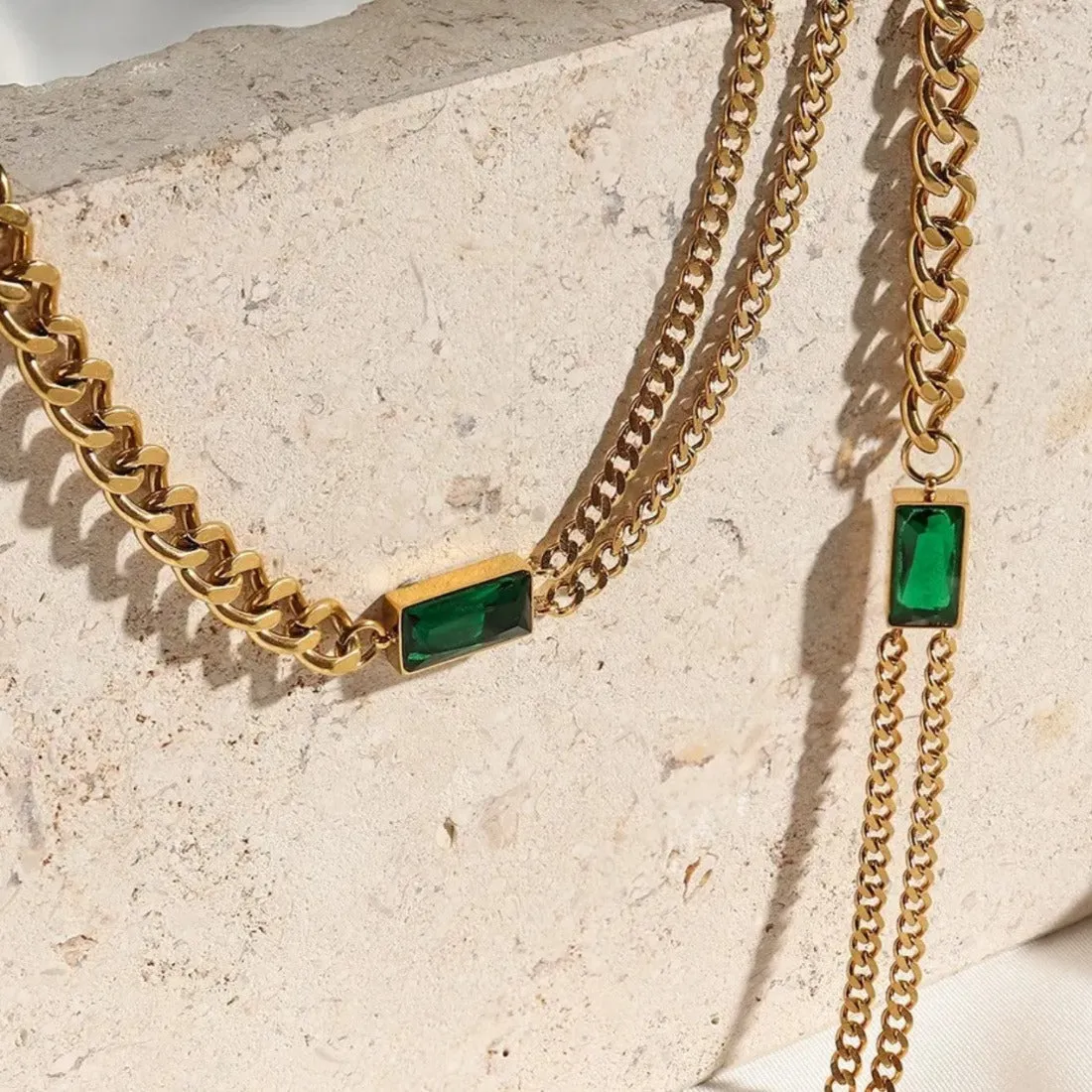 Green Emerald Stone Cuban Chain Choker Necklace