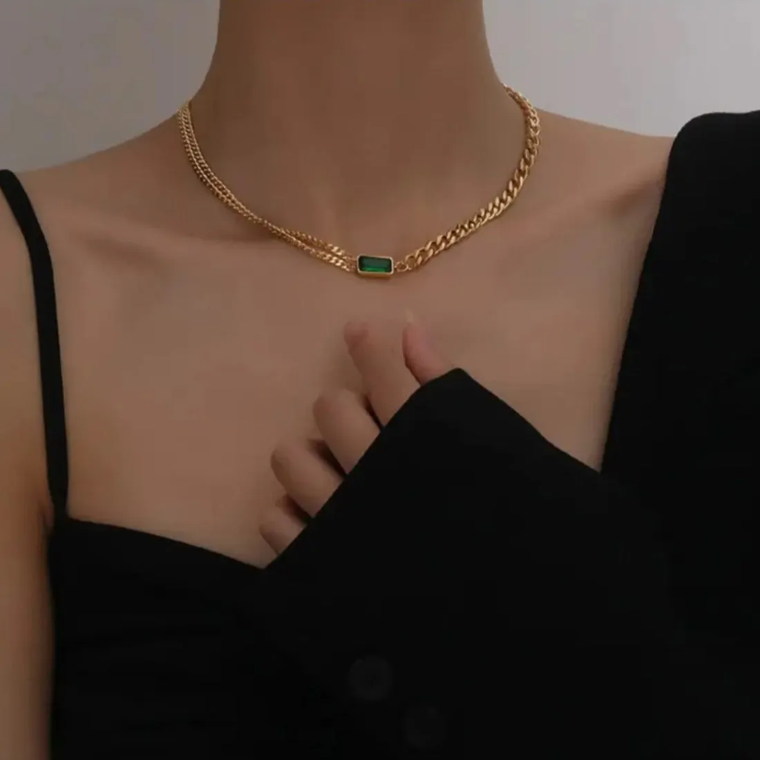 Green Emerald Stone Cuban Chain Choker Necklace