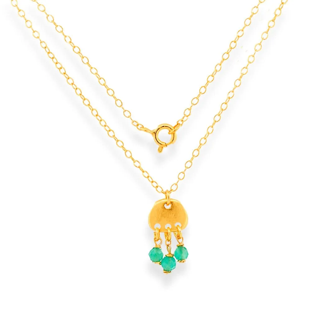 Handmade Short Gold Plated Silver Chain Necklace With Aqua Cat's Eyes