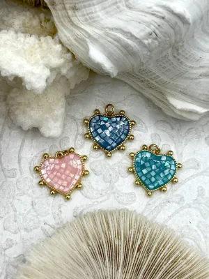 Heart Mother of Pearl and Gold Spike Pendants, MOP and Gold Plated Brass, 3 Colors, Teal, Light Pink, or Turquoise, 20mm Charms. Fast Ship.