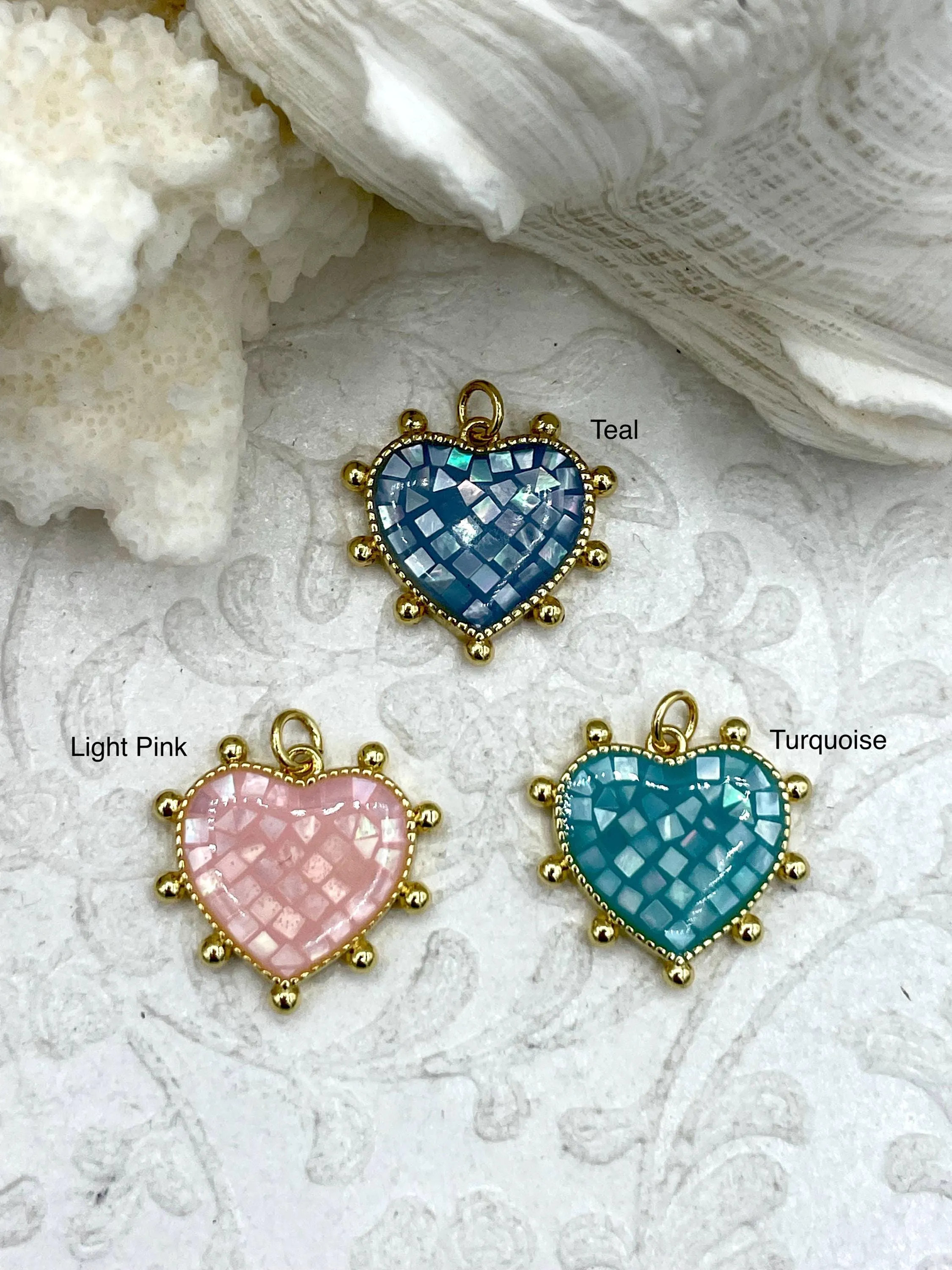 Heart Mother of Pearl and Gold Spike Pendants, MOP and Gold Plated Brass, 3 Colors, Teal, Light Pink, or Turquoise, 20mm Charms. Fast Ship.