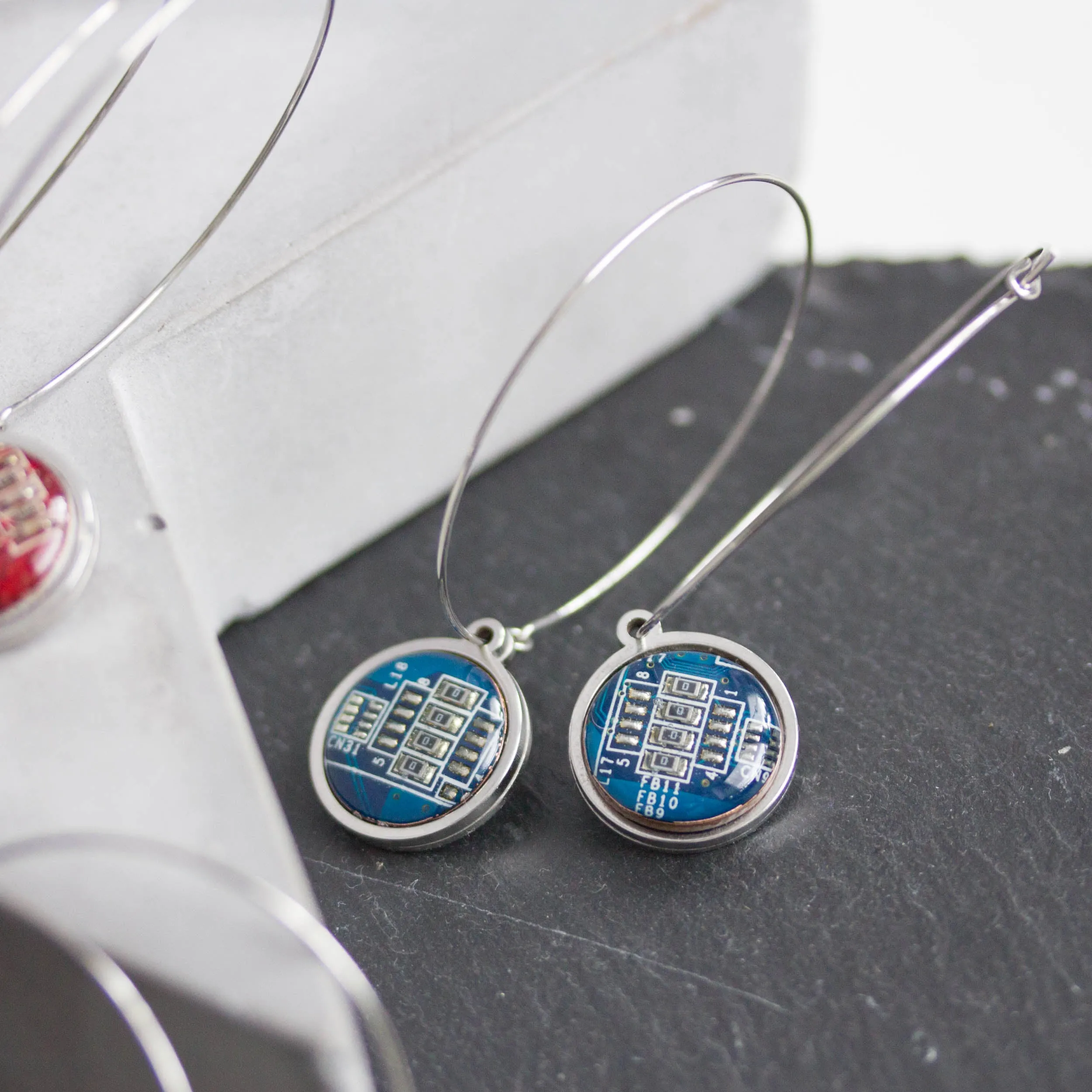 Hoop earrings with 15mm round circuit board pendants, stainless steel