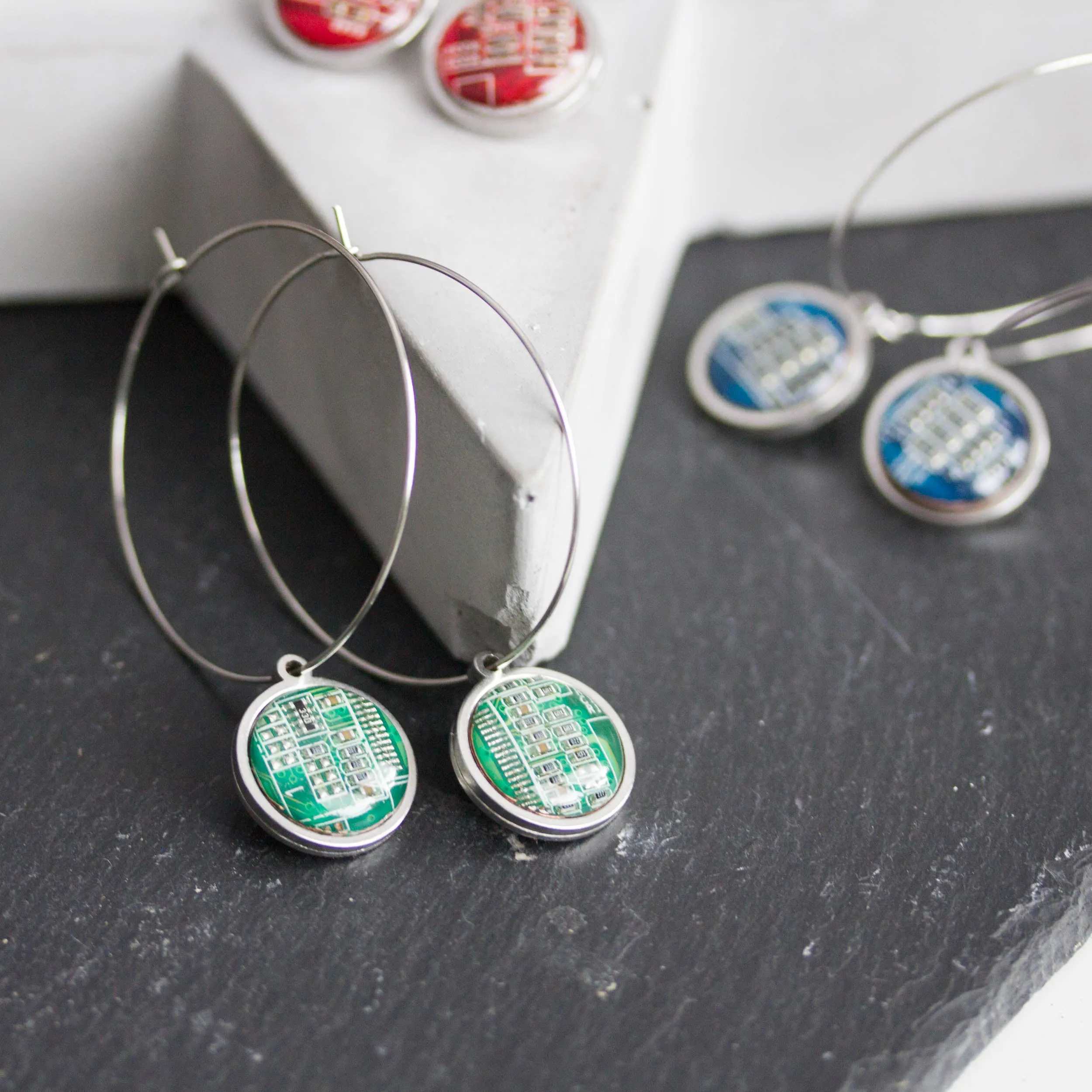 Hoop earrings with 15mm round circuit board pendants, stainless steel