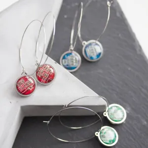 Hoop earrings with 15mm round circuit board pendants, stainless steel