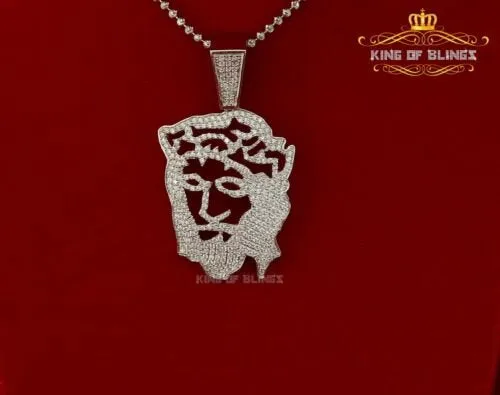 King Of Bling's Special 925 White Sterling Silver Jesus Face Pendant with 6.41ct Cubic Zirconia