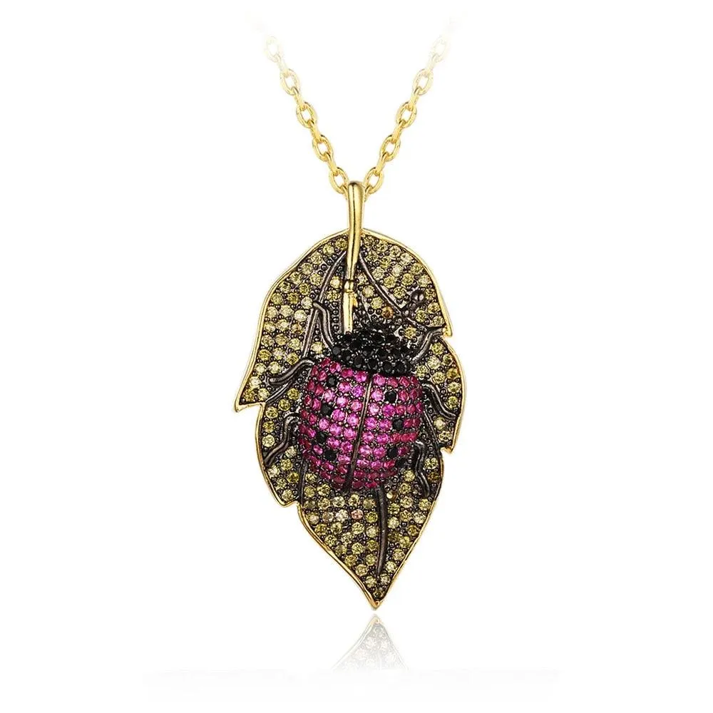 Ladybug on Leaves Pendant - Insect Necklace for Women - Fashion Pendant for Women