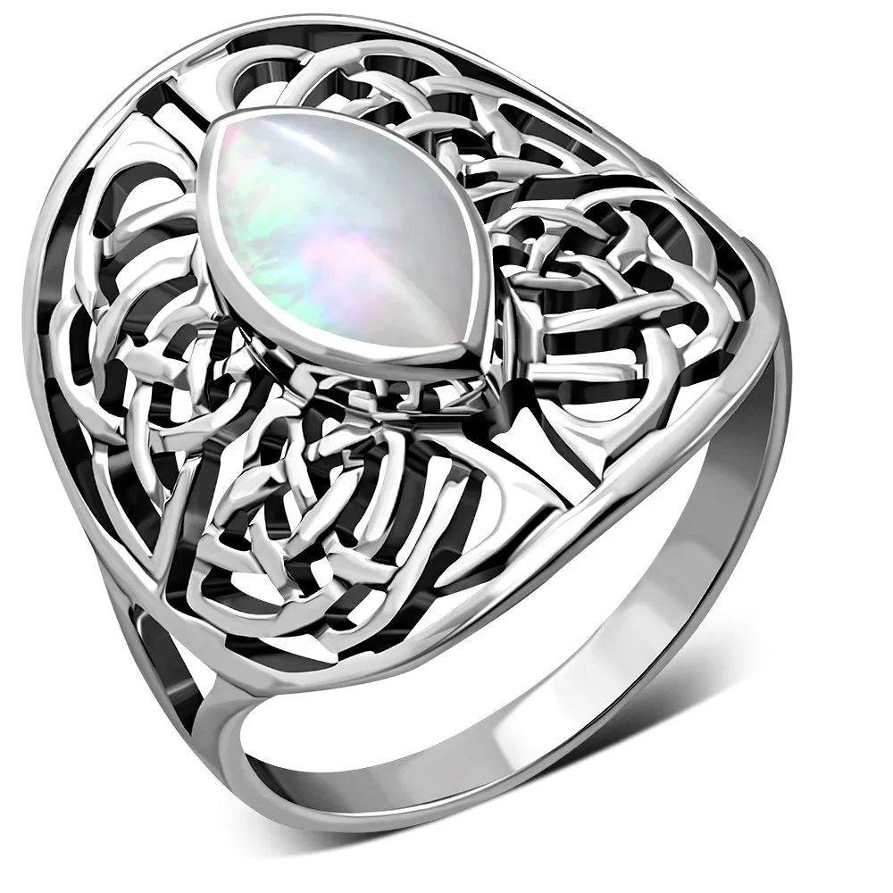 Large Mother Of Pearl Celtic Knot Silver Ring