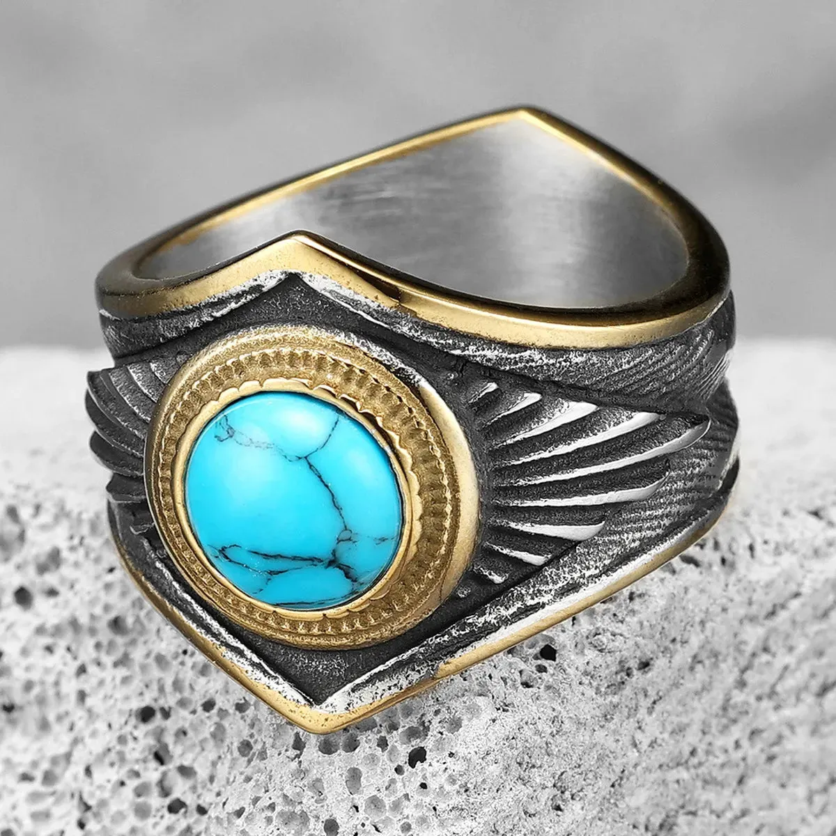 Large Turquoise Men Rings Stainless Steel