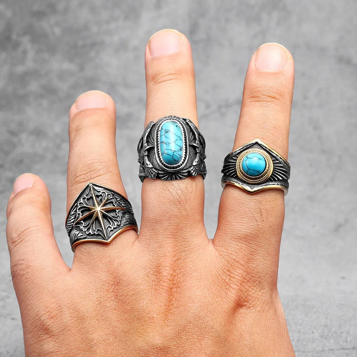 Large Turquoise Men Rings Stainless Steel