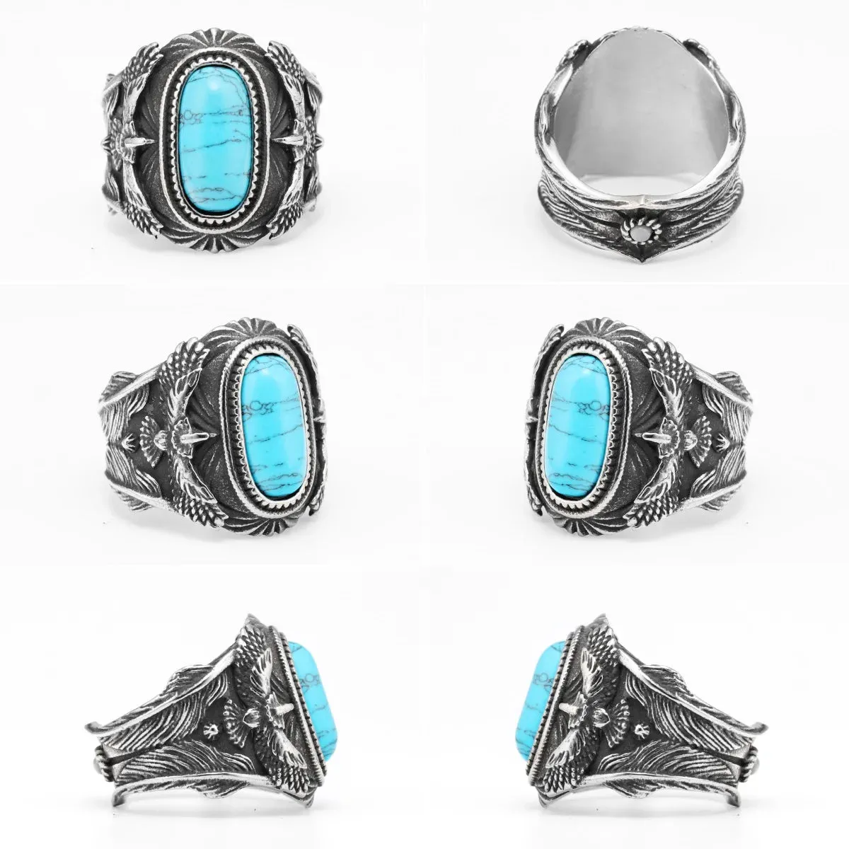 Large Turquoise Men Rings Stainless Steel