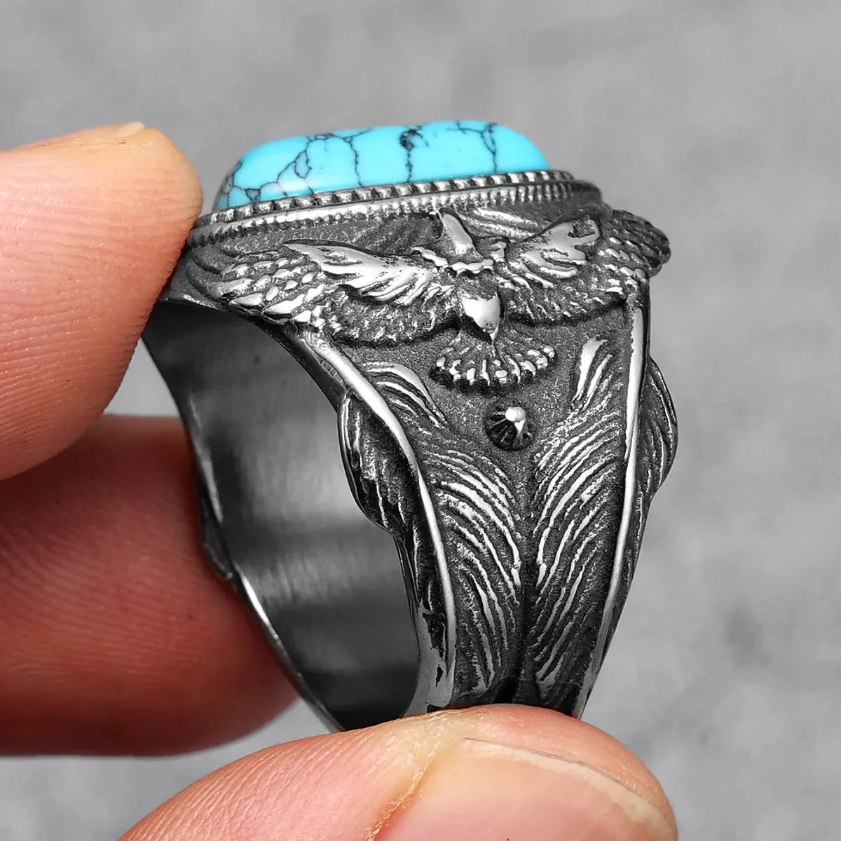 Large Turquoise Men Rings Stainless Steel