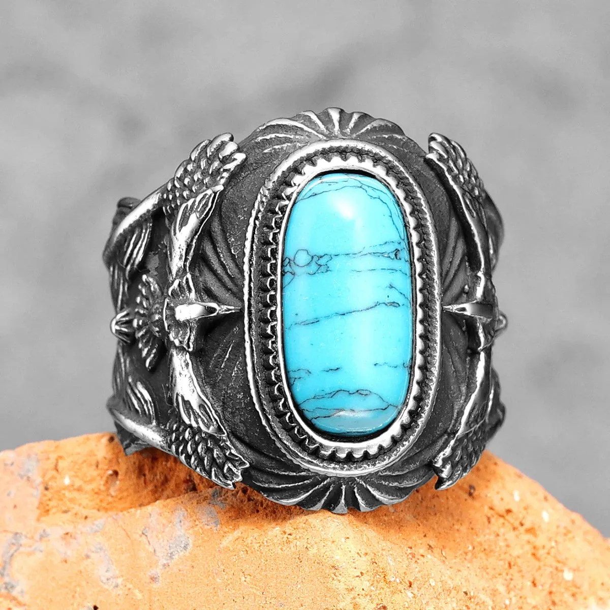 Large Turquoise Men Rings Stainless Steel