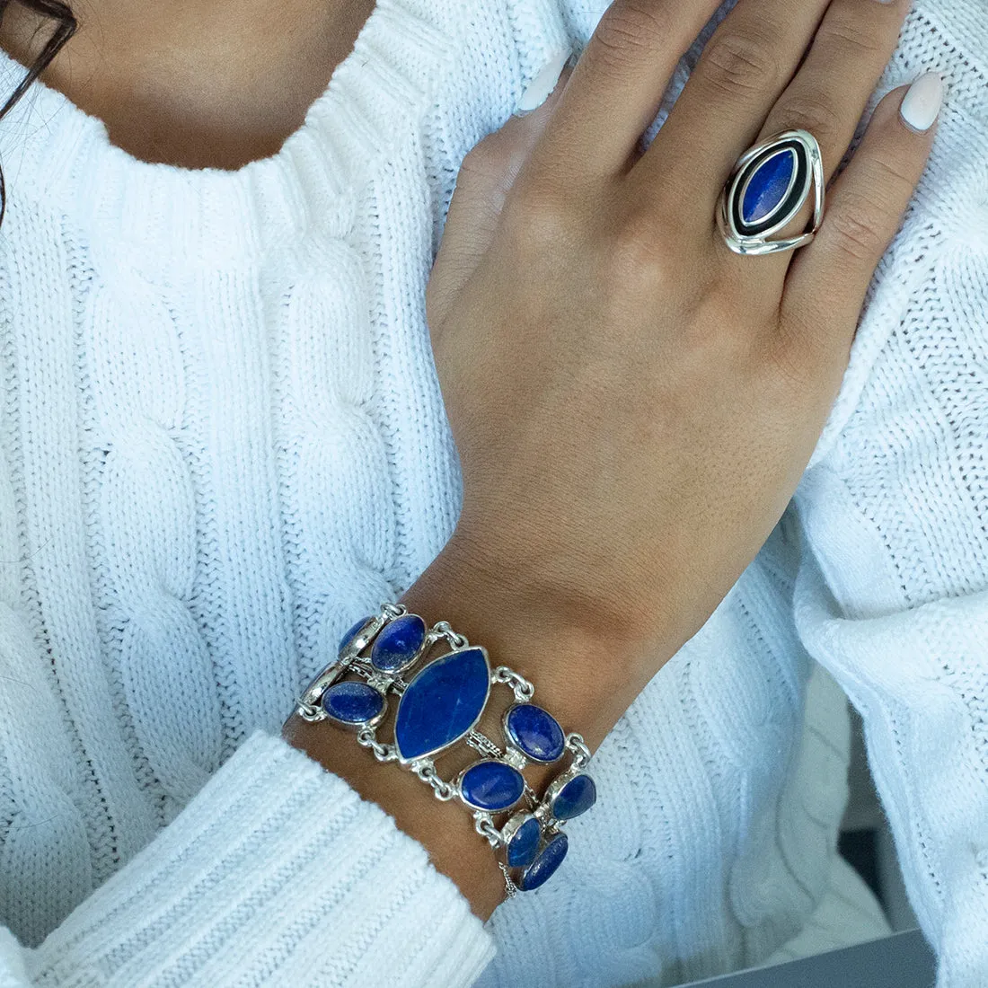 Long Oxidized Silver and Lapis Lazuli Marquise Ring