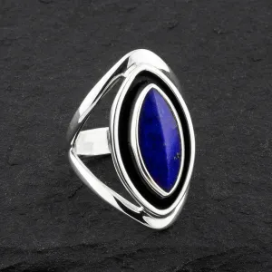 Long Oxidized Silver and Lapis Lazuli Marquise Ring