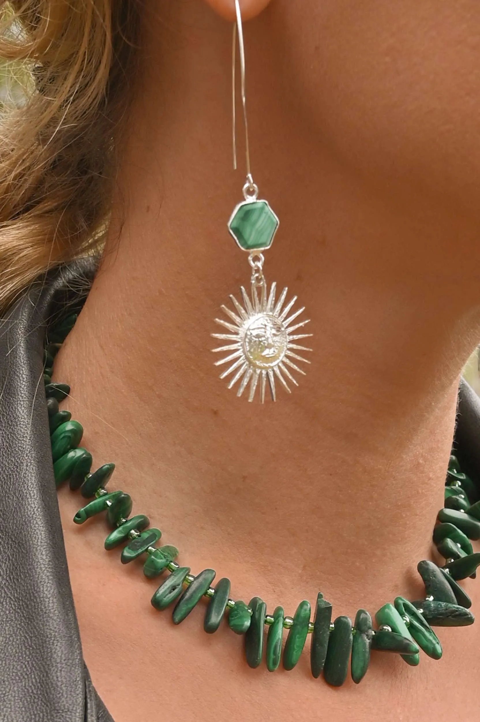 Magnetic Energy Malachite Silver Sun Hoops