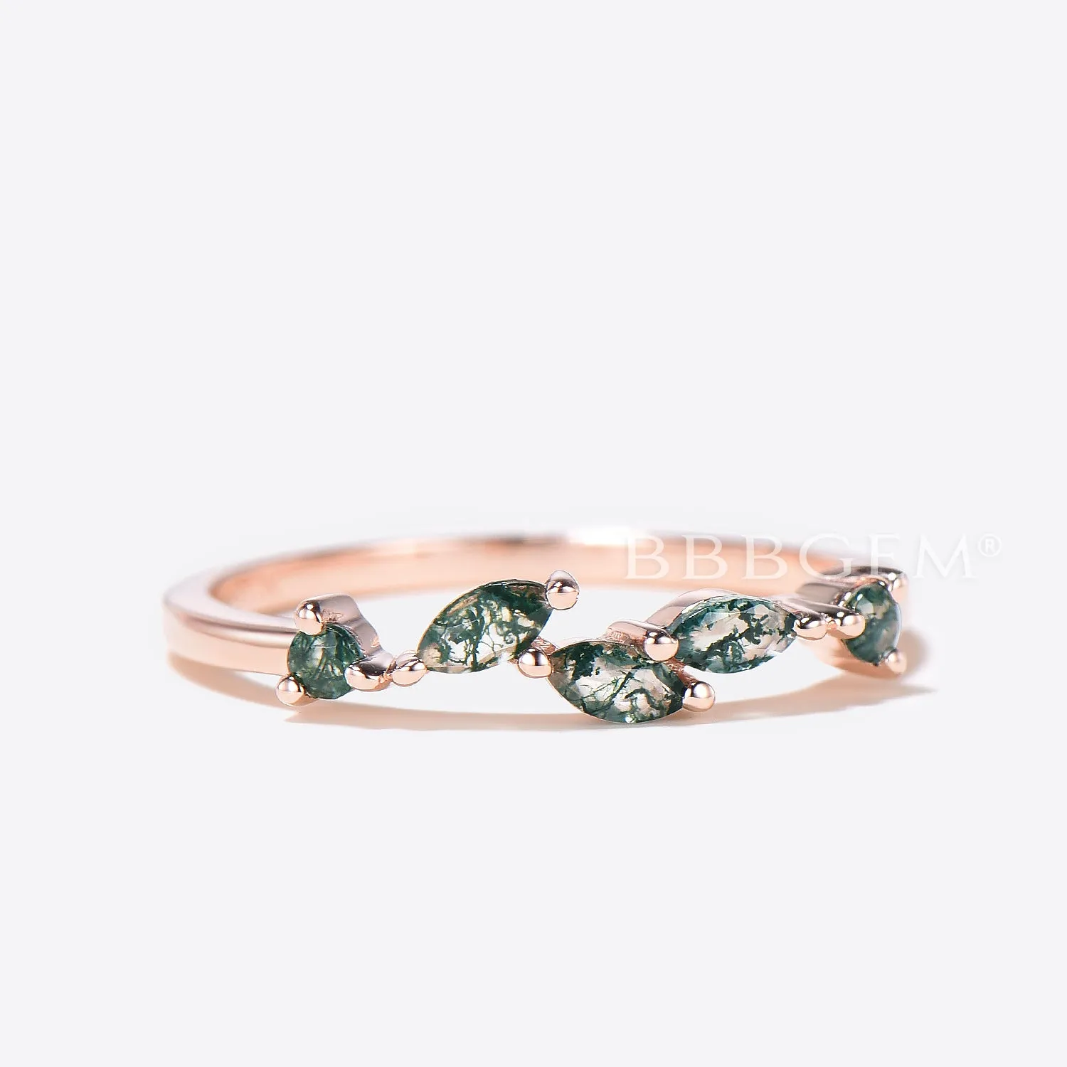 Marquise Cut Natural Green Moss Agate Wedding Bands Minimalist Rings