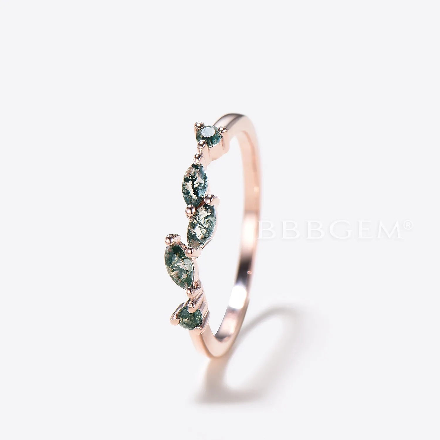 Marquise Cut Natural Green Moss Agate Wedding Bands Minimalist Rings