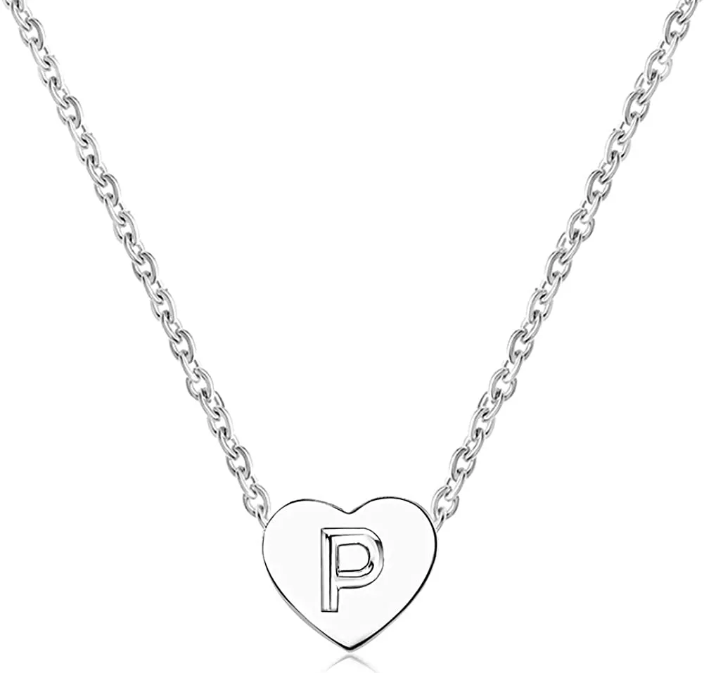 Minijewelry Silver Tiny Love Heart Initial Letter Necklace for Women Girls Alphabet A-Z Personalized Name Pendant Choker Necklaces