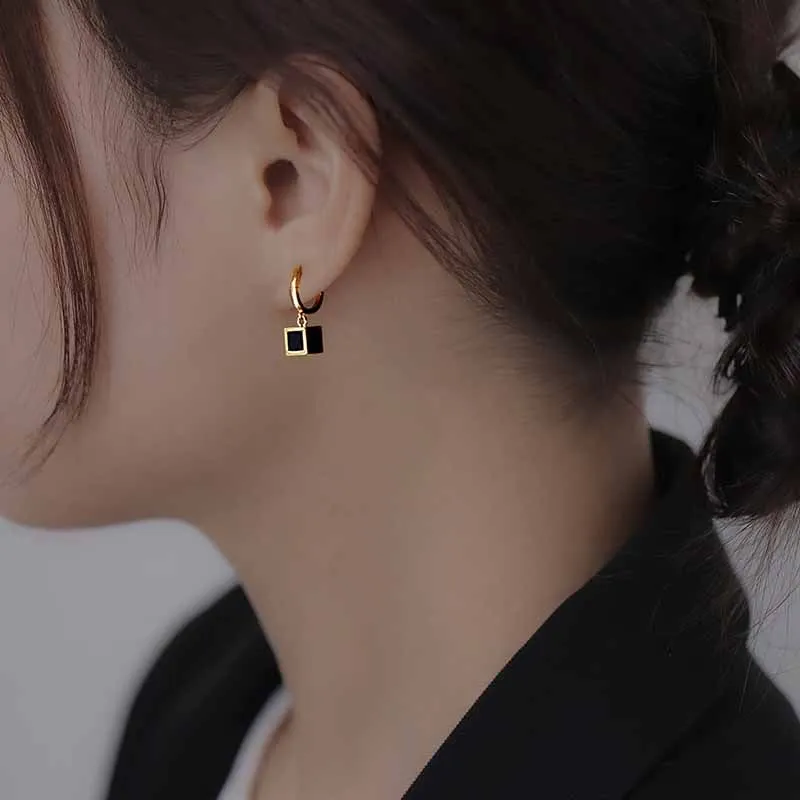 Minimalist Gold Square Drop Earrings with black Accents jlt11513