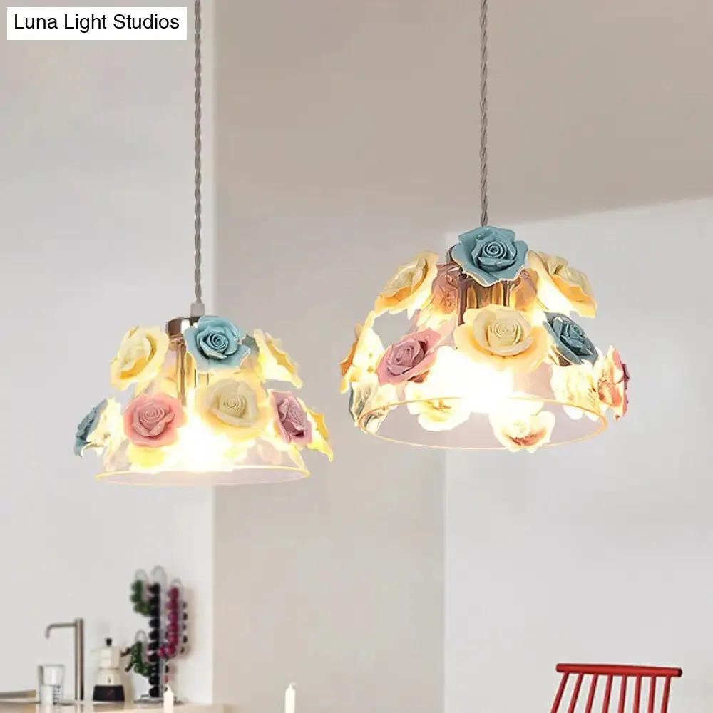 Modern Glass Hanging Lamp with Flower Decor - 1-Light Pendant in Conical Shape with Colorful Accents