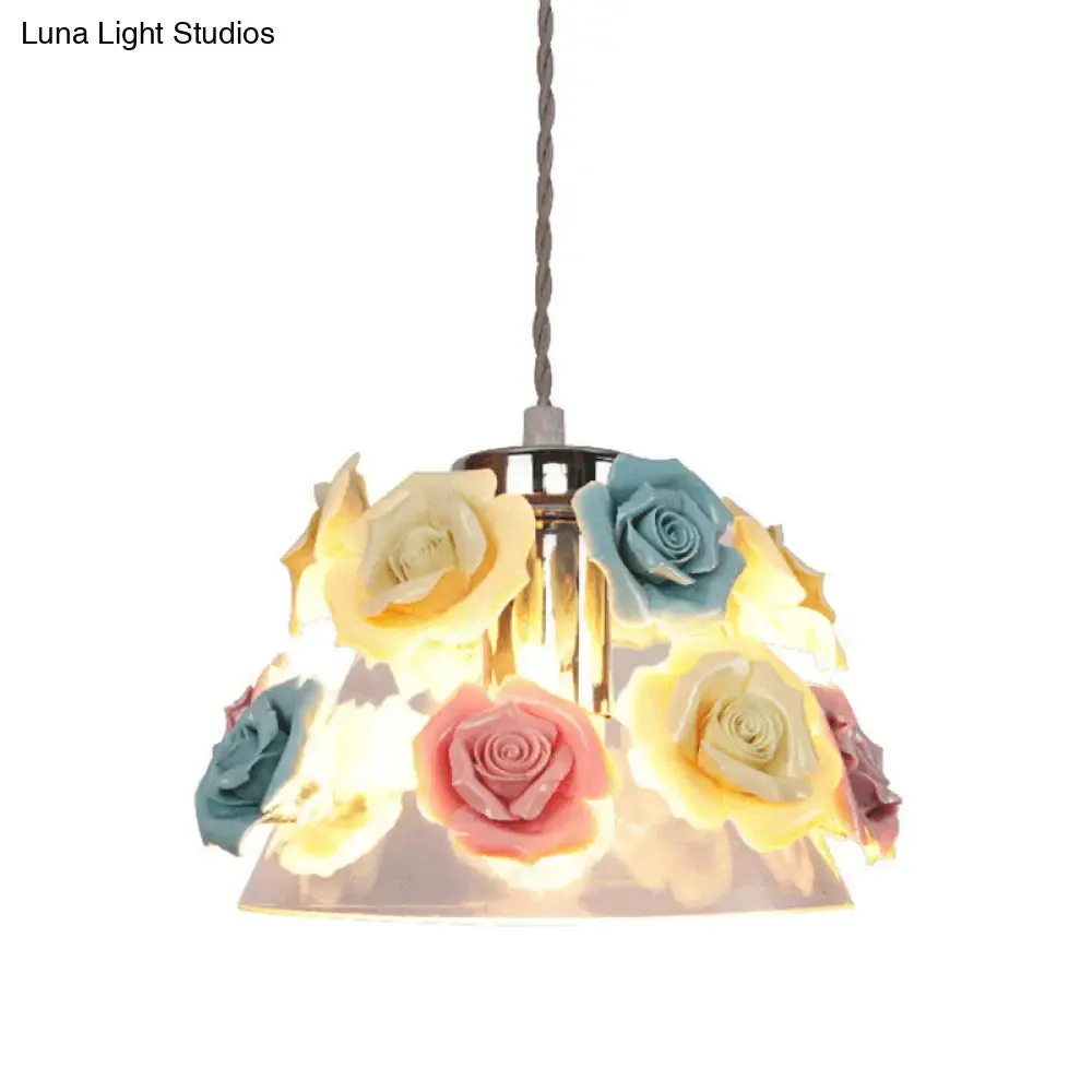 Modern Glass Hanging Lamp with Flower Decor - 1-Light Pendant in Conical Shape with Colorful Accents