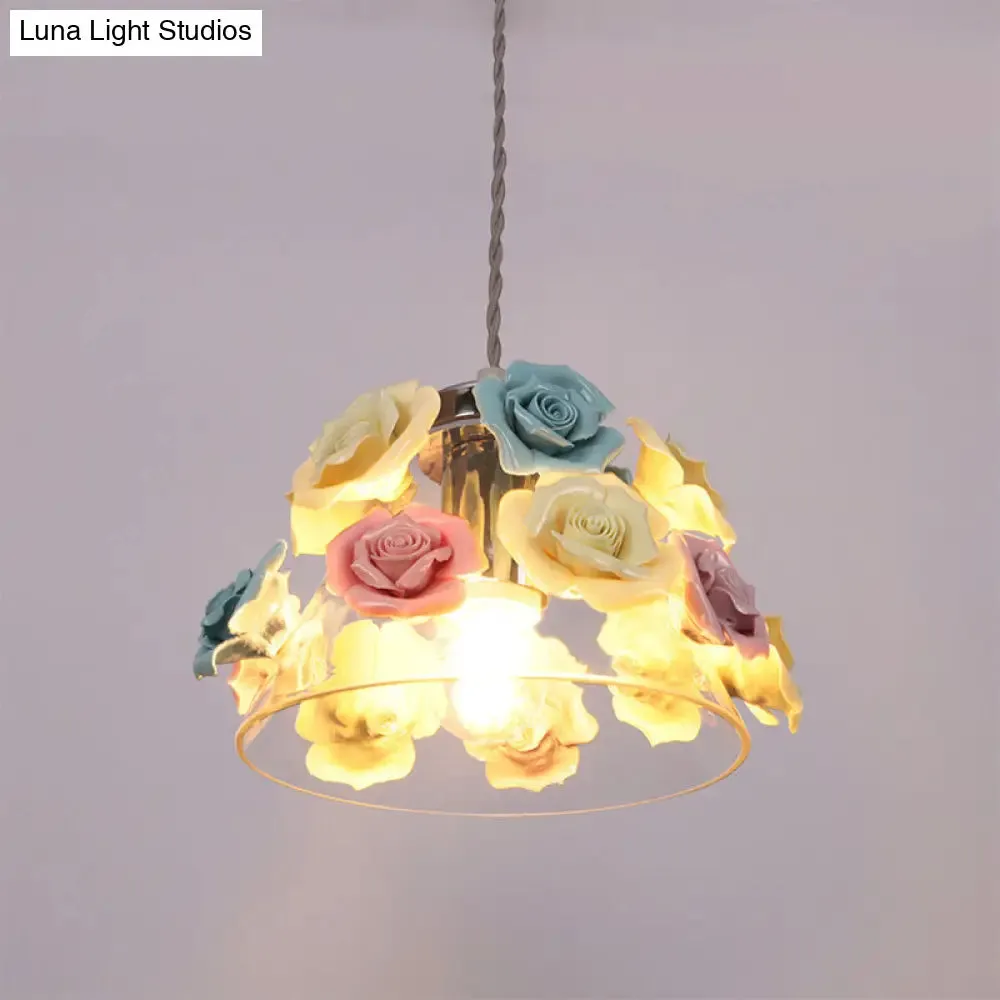 Modern Glass Hanging Lamp with Flower Decor - 1-Light Pendant in Conical Shape with Colorful Accents