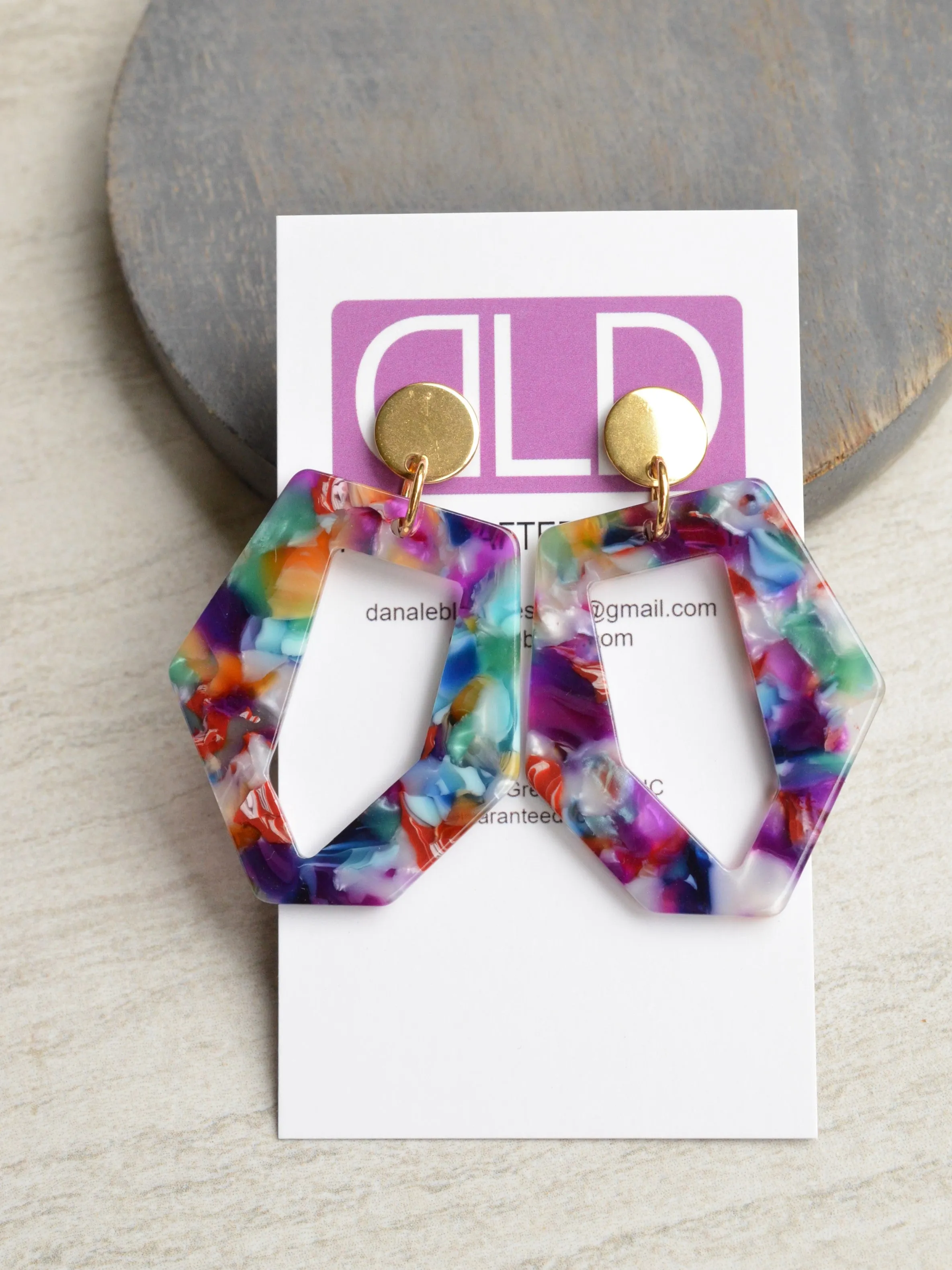 Multi Color Purple White Green Lucite Dangle Statement Earrings - Mia