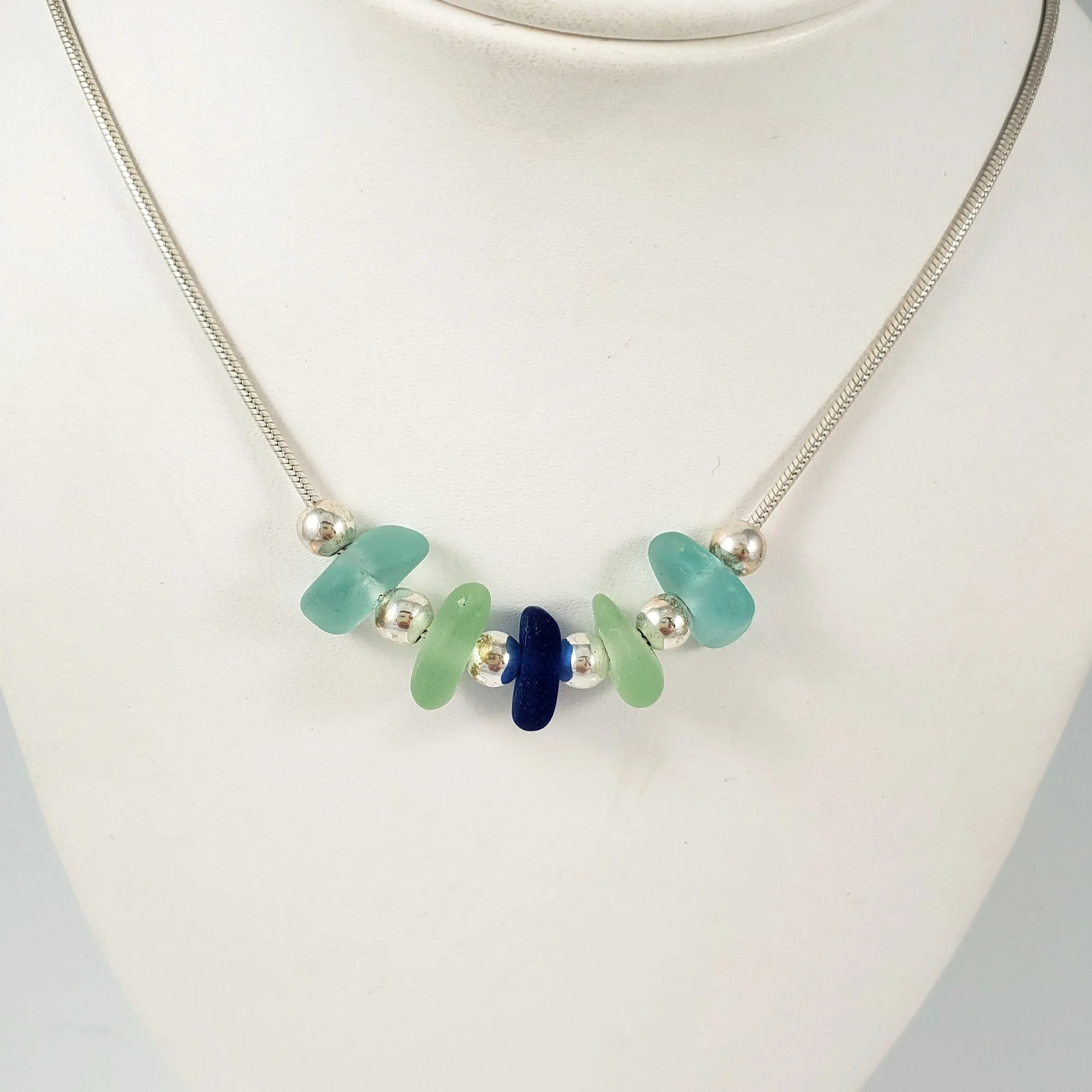 Multi-Color Sea Glass &  Sterling Silver Necklace