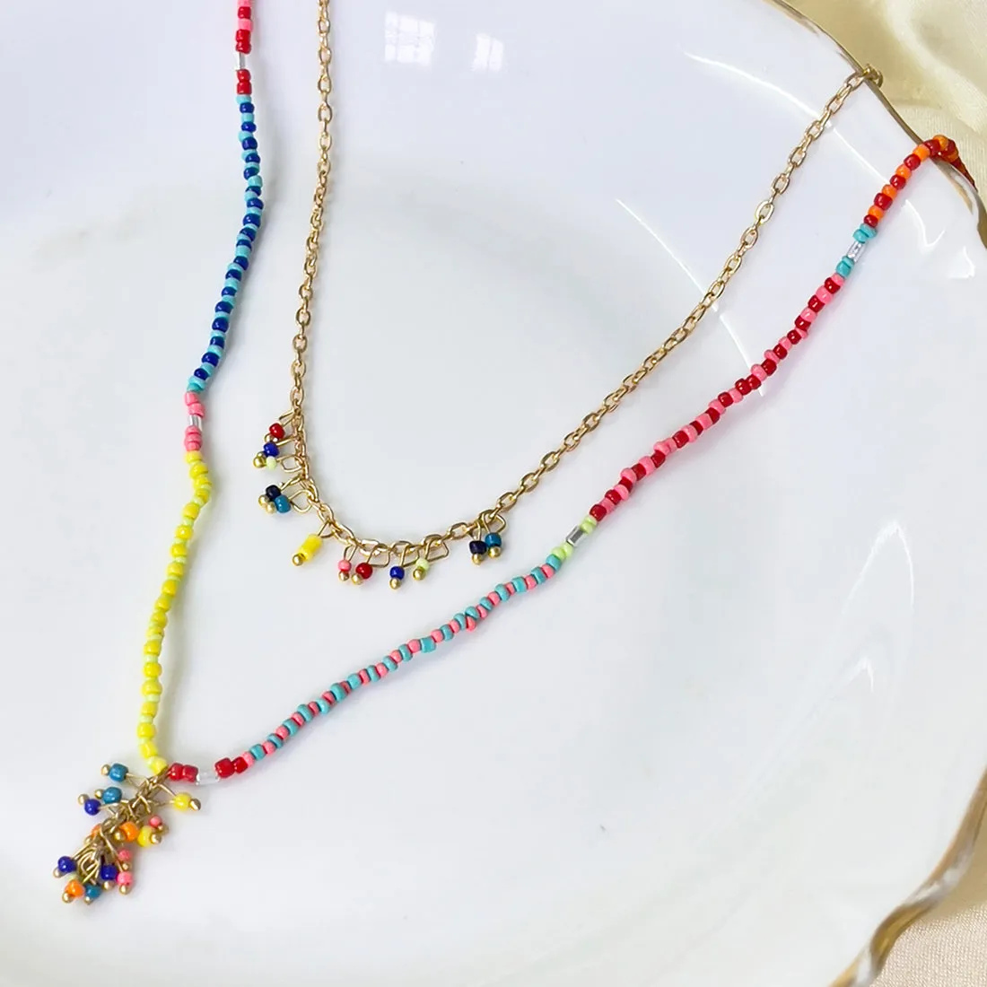 Multicolor Beaded Gold-Toned Long Layered Necklace