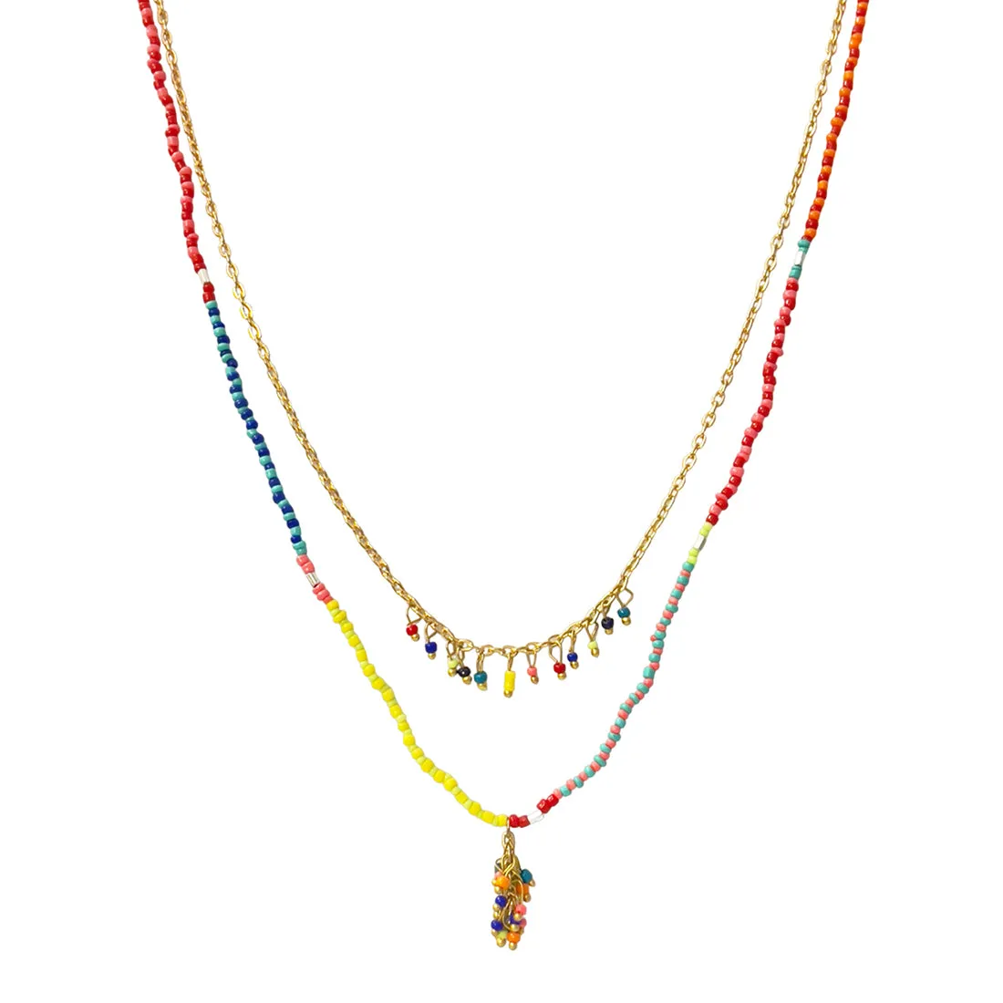 Multicolor Beaded Gold-Toned Long Layered Necklace