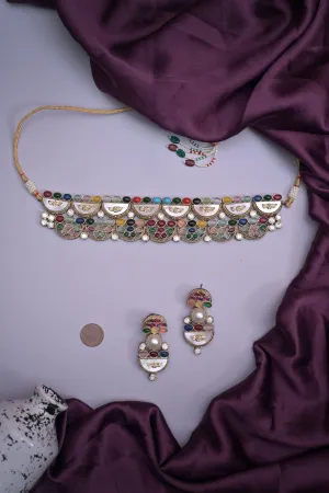 Multicolored Choker Necklace Set with Monalisa Stonework and AD Stone