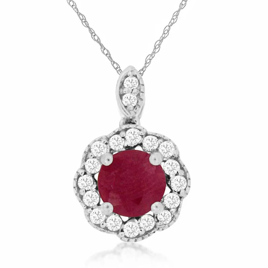 Natural Red Round Ruby Pendant Necklace with Staggered Diamond Halo in White Gold