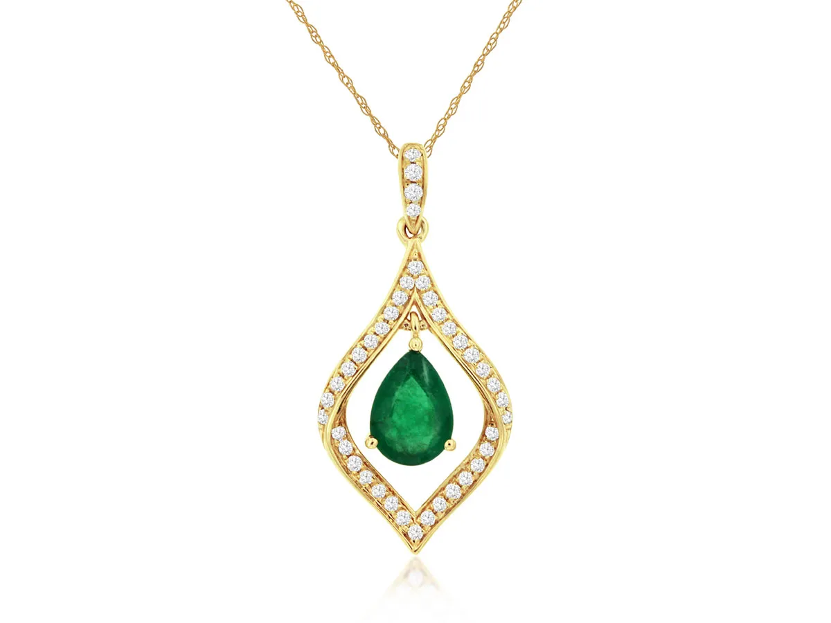 Open Kite Pear Shaped Emerald and Diamond Pave Pendant Drop Necklace