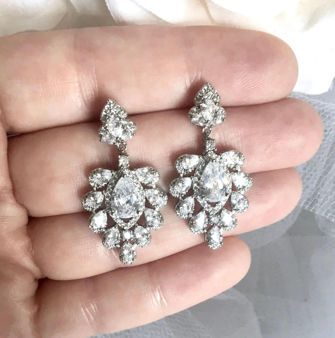 "Octavia" - Silver Cubic Zirconia Bridal Earrings