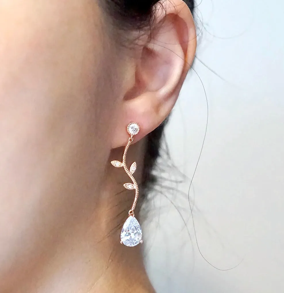 "Selycia" - CZ Vine Bridal Earrings - Available in Silver, Rose Gold and Yellow Gold