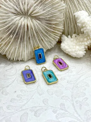 Rectangle Enamel and Gold Pendants with Colorful CZ Center stone, Enamel and Gold Plated Brass, 4 Colors, 15mm x 10mm x 2mm. Fast Ship.