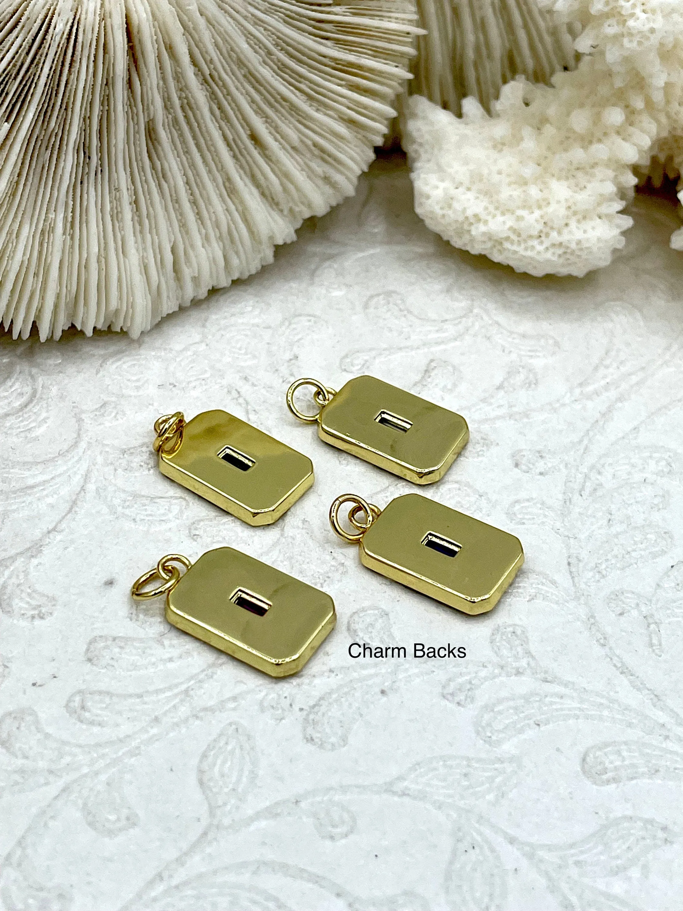 Rectangle Enamel and Gold Pendants with Colorful CZ Center stone, Enamel and Gold Plated Brass, 4 Colors, 15mm x 10mm x 2mm. Fast Ship.